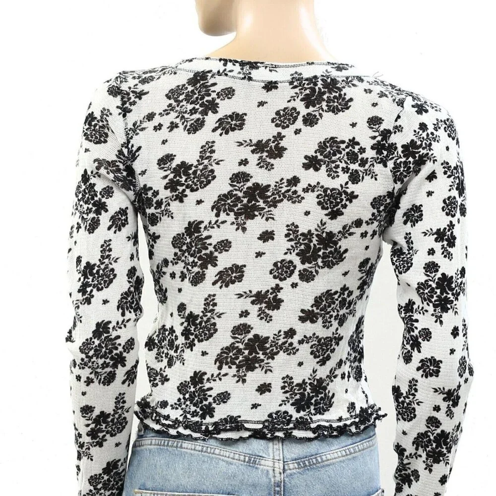 Free People Garner Long Sleeve Tee Blouse Top Cotton Printed Ruffle S New